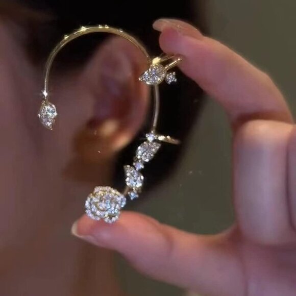 Women's Clip-On Earrings Rose Flower Zircon Non Pierced Zinc Jewelry - Picture 3 of 9